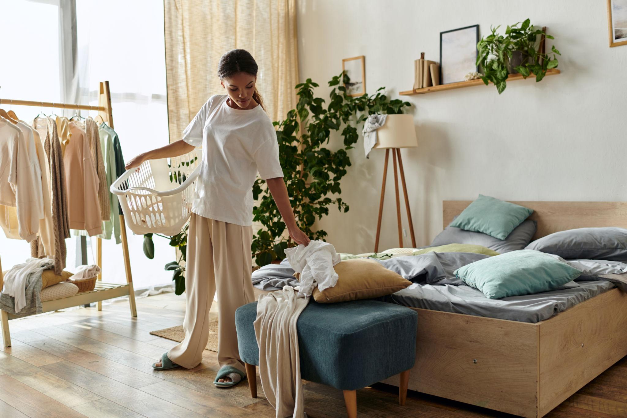 Woman at home in a peaceful bedroom doing morning tasks
