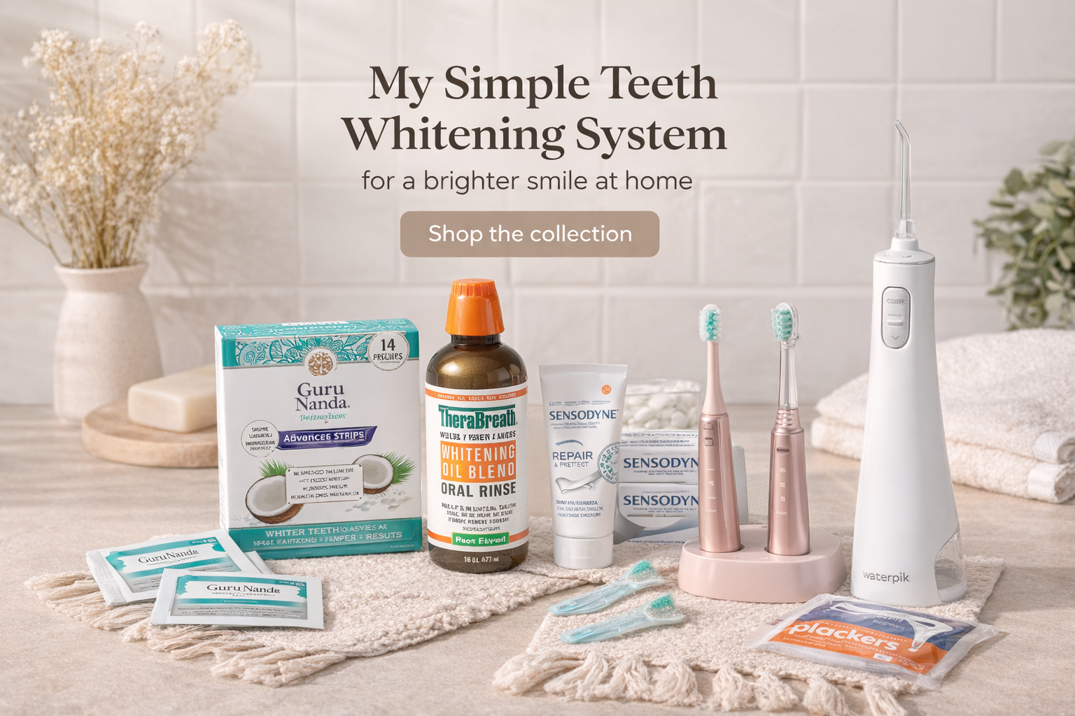 Curated teeth whitening system on a bathroom counter
